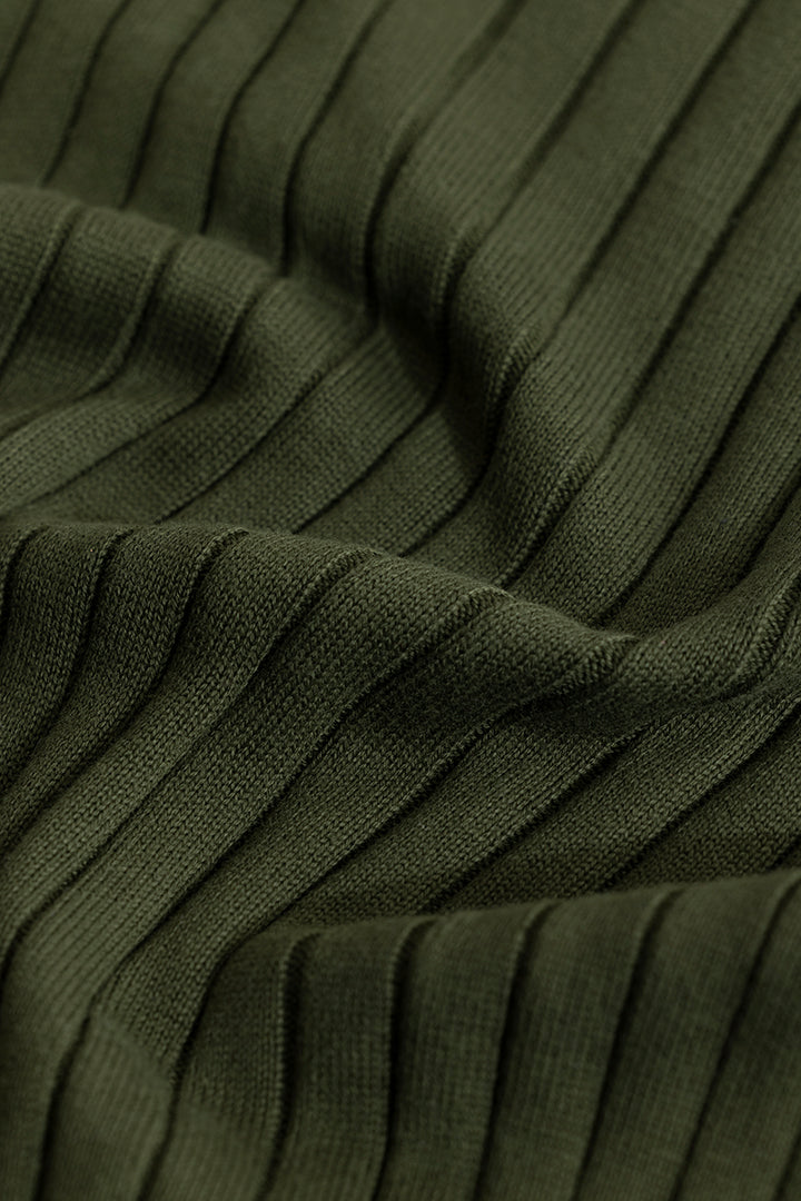 Chunky Ribbed Knitted Olive Polo T-Shirt