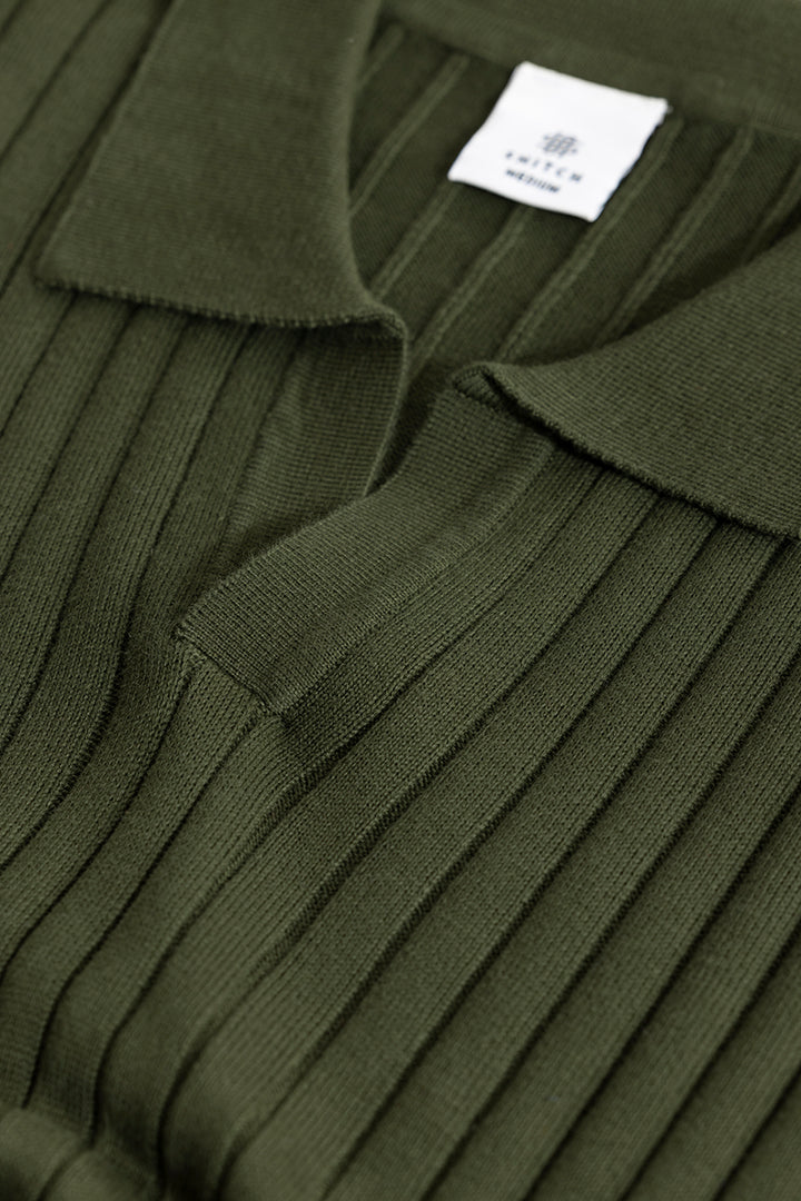 Chunky Ribbed Knitted Olive Polo T-Shirt