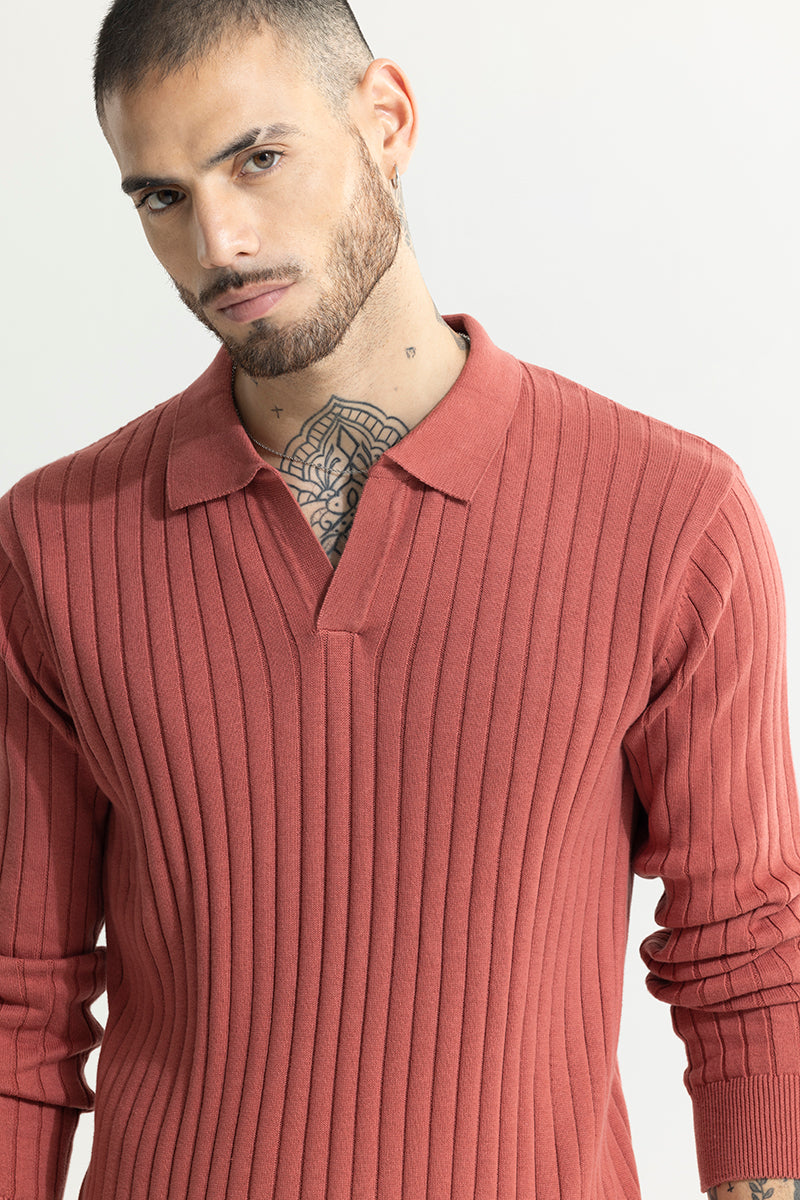 Chunky Ribbed Knitted Pink Polo T-Shirt