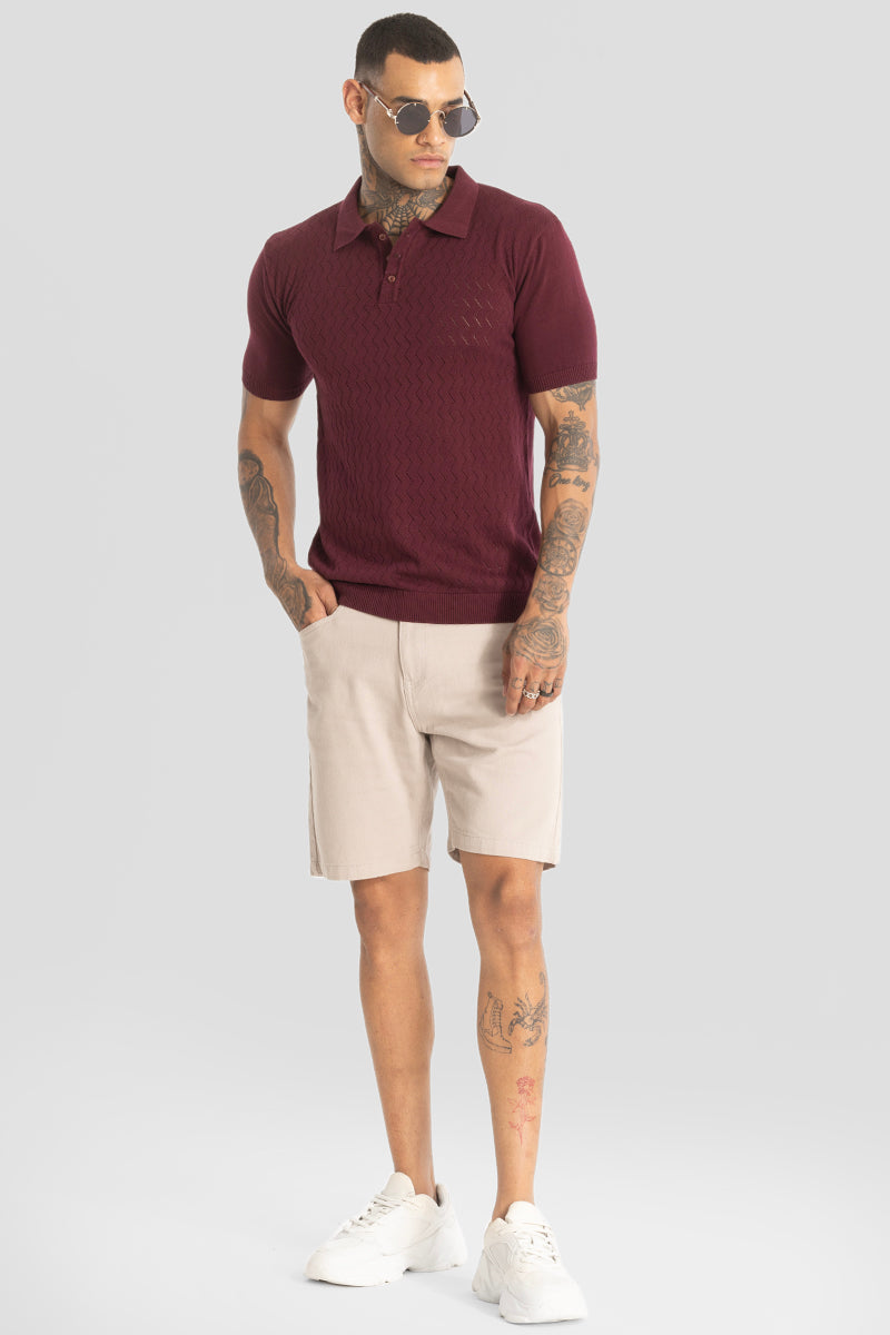 Maroon Knitted Polo T-Shirt