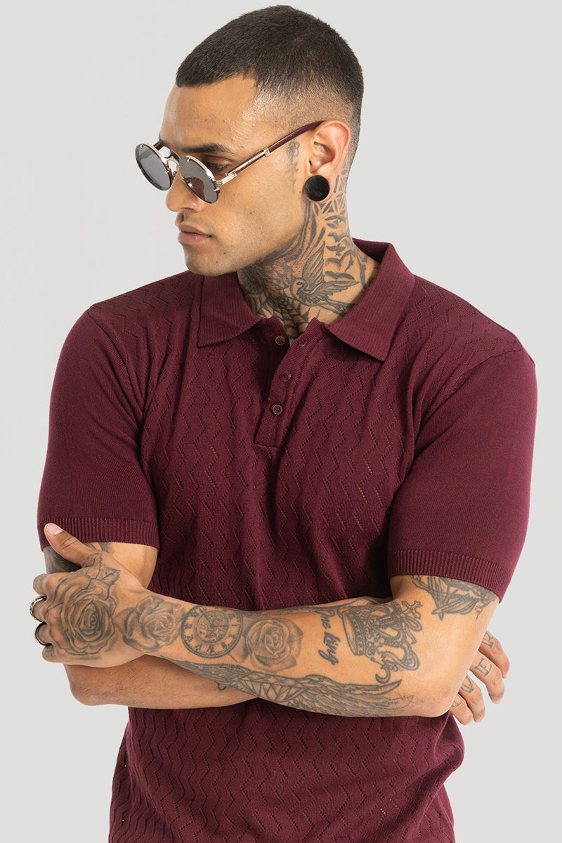 Maroon Knitted Polo T-Shirt