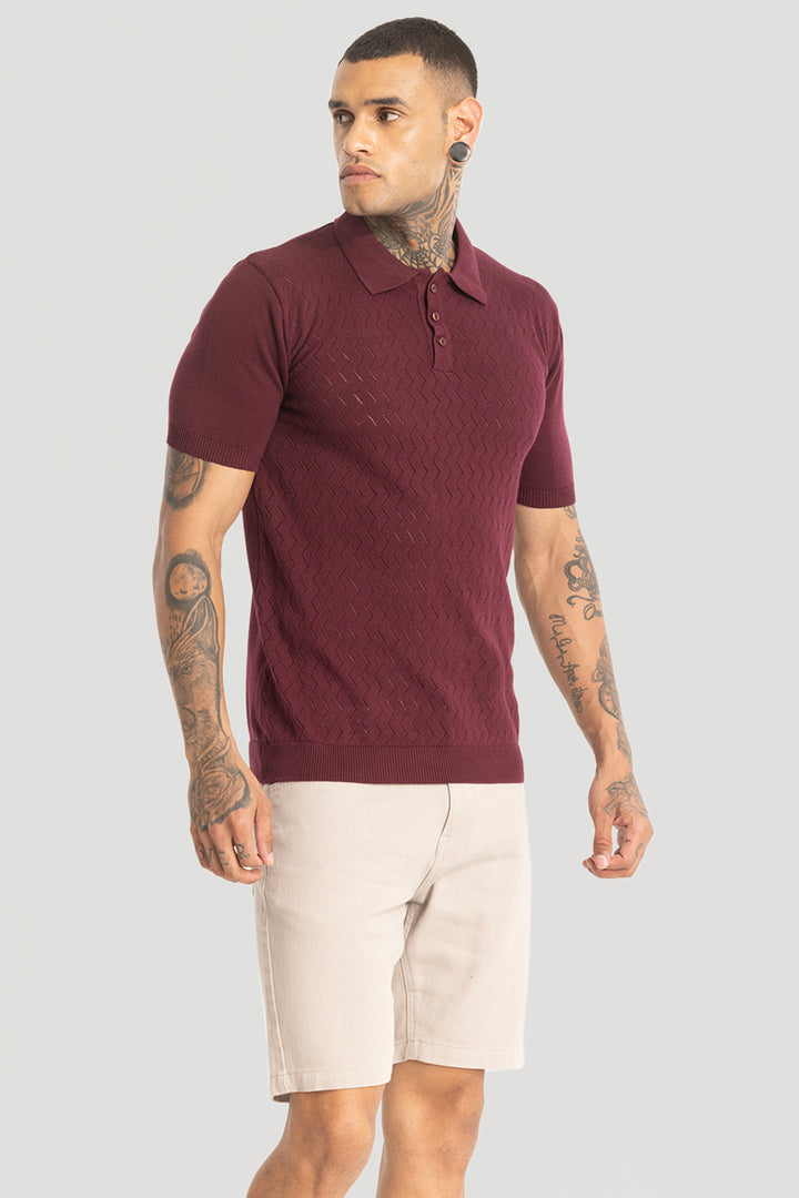 Maroon Knitted Polo T-Shirt