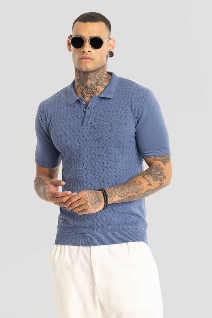 Blue Knitted Polo T-Shirt