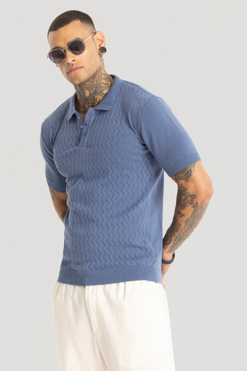 Blue Knitted Polo T-Shirt