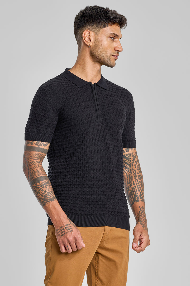 Black Zipper Knitted Polo T-Shirt