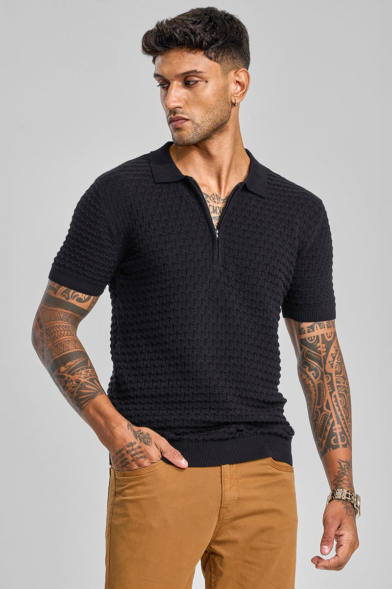 Black Zipper Knitted Polo T-Shirt