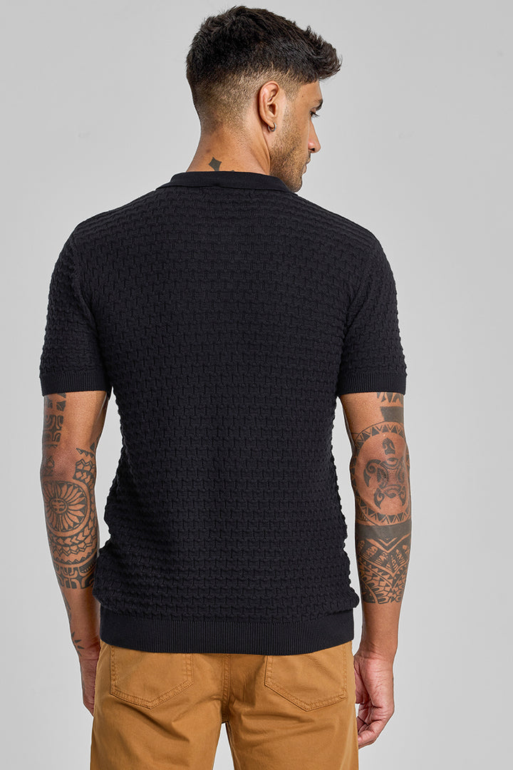 Black Zipper Knitted Polo T-Shirt