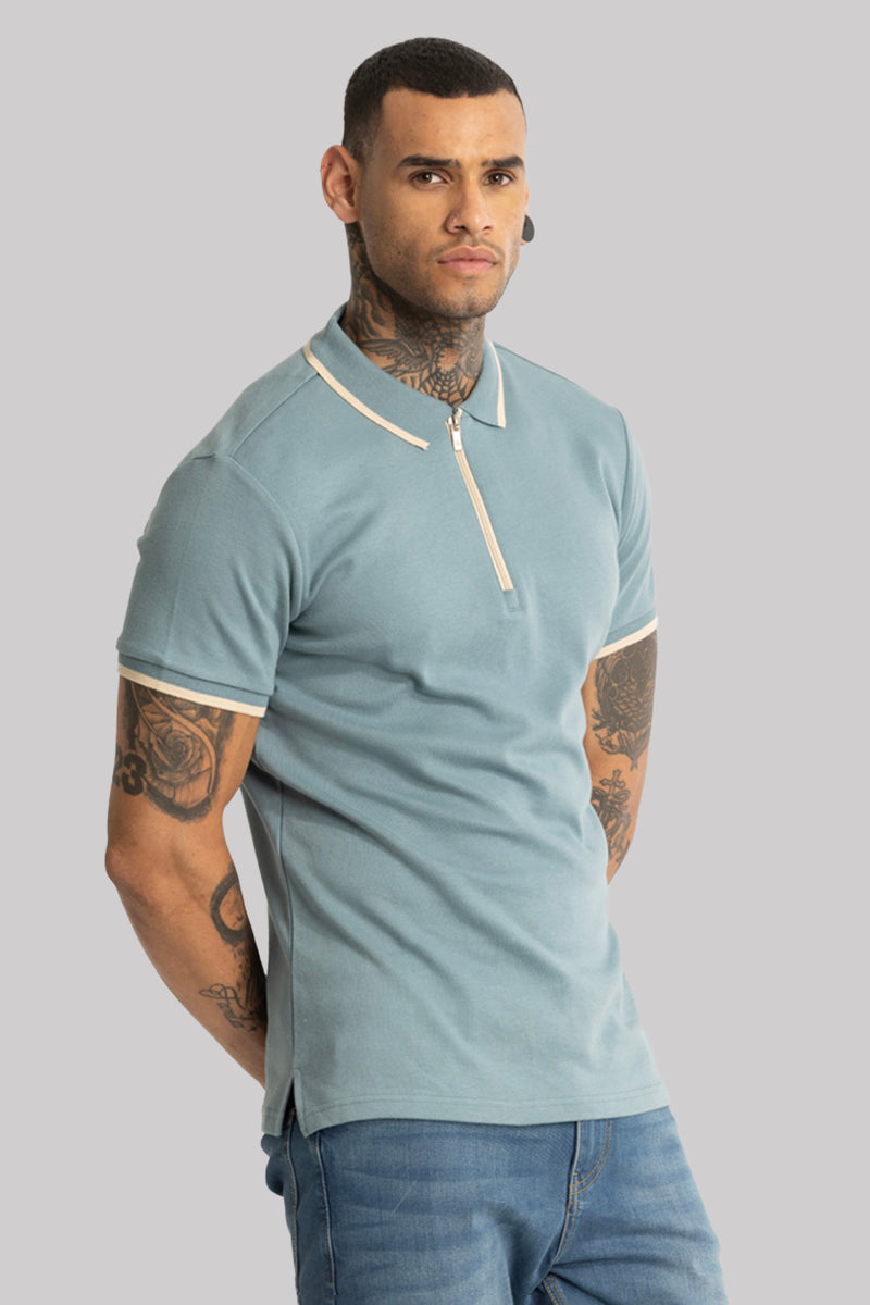 Powder Blue Zipper Polo T-Shirt