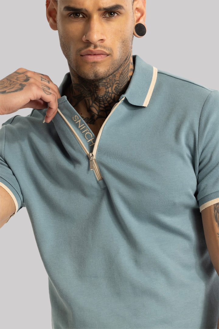 Powder Blue Zipper Polo T-Shirt