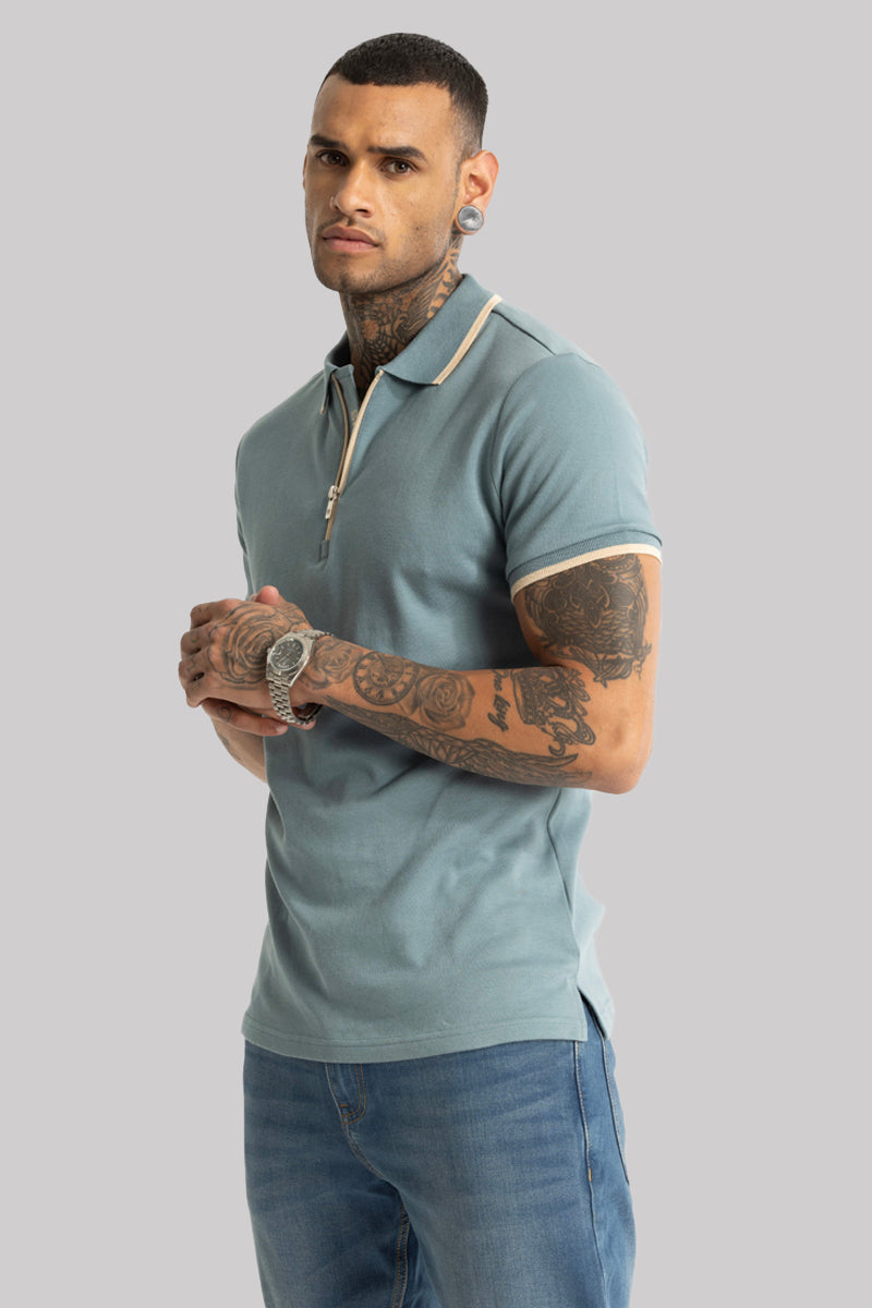 Powder Blue Zipper Polo T-Shirt