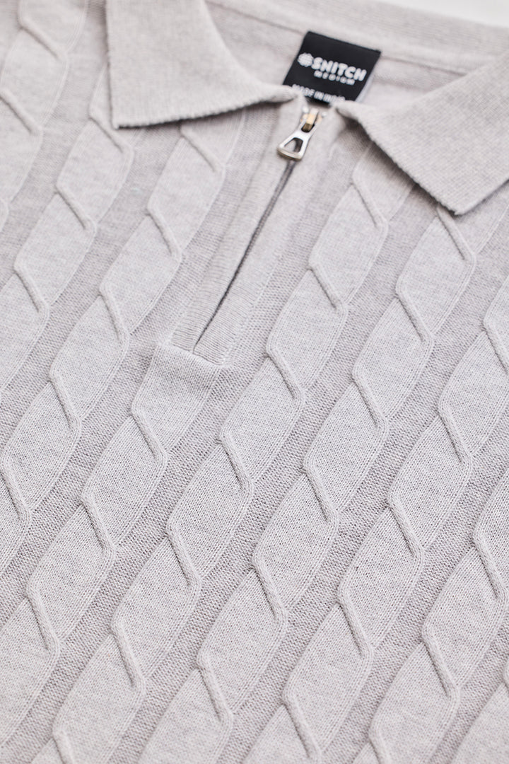 Light Grey Zipper Knitted Polo T-Shirt