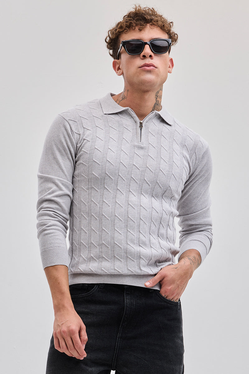 Light Grey Zipper Knitted Polo T-Shirt