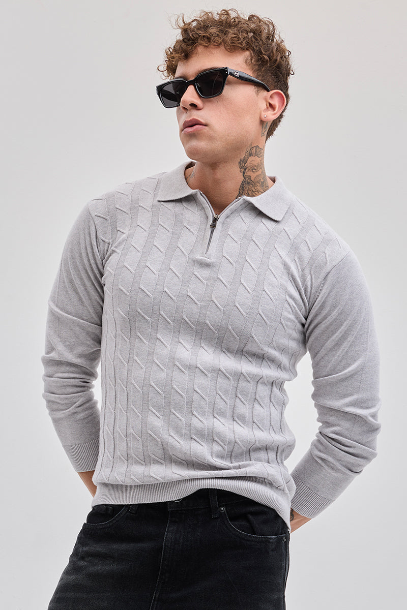 Light Grey Zipper Knitted Polo T-Shirt