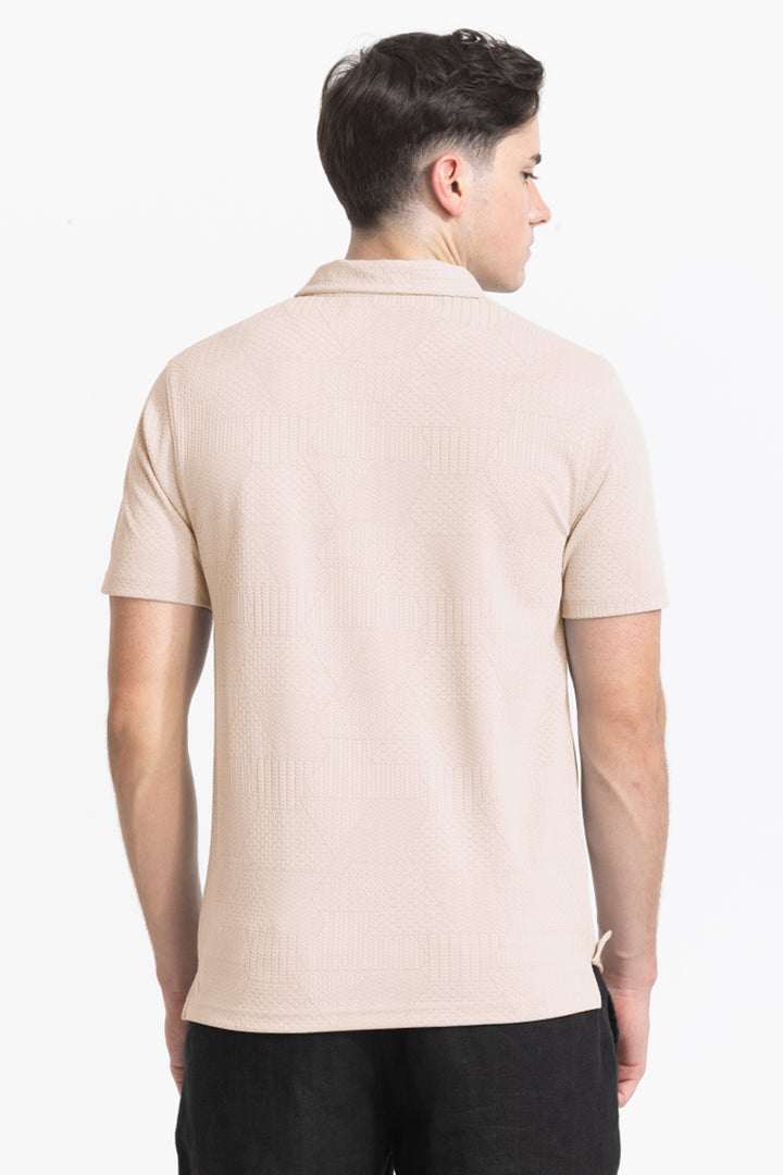 Cream Zipper Textured Polo T-Shirt