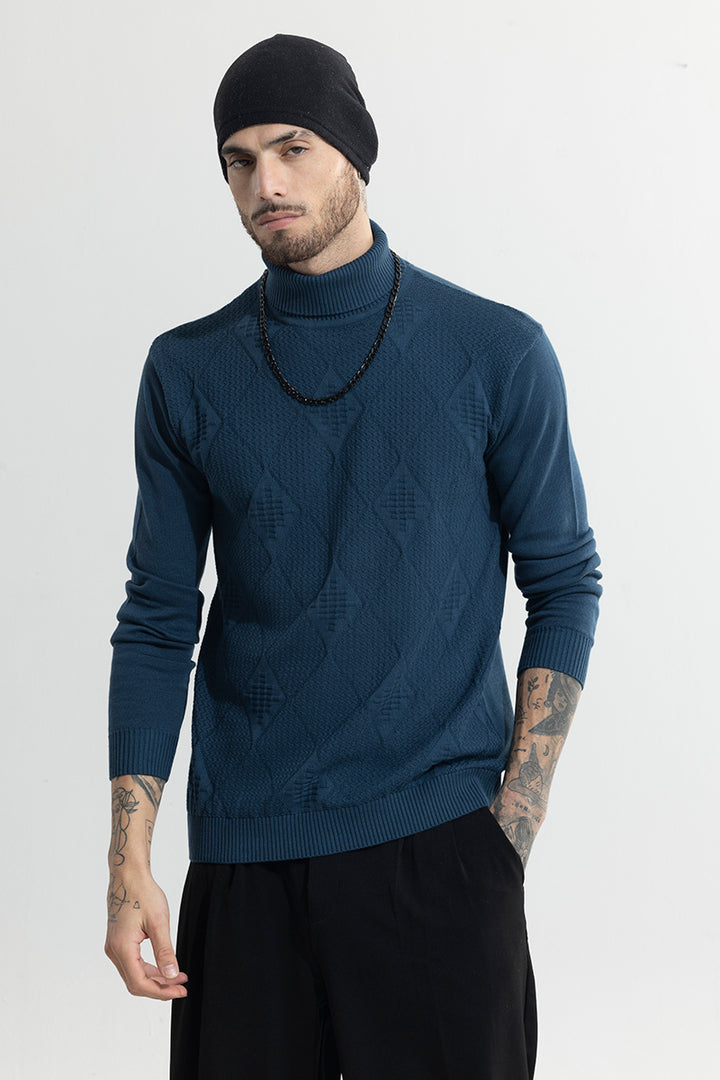 Rhomboid Blue Turtle Neck Sweater