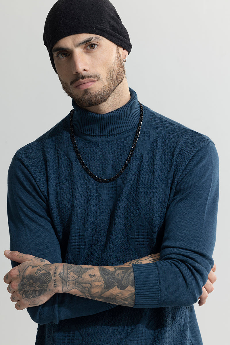 Rhomboid Blue Turtle Neck Sweater