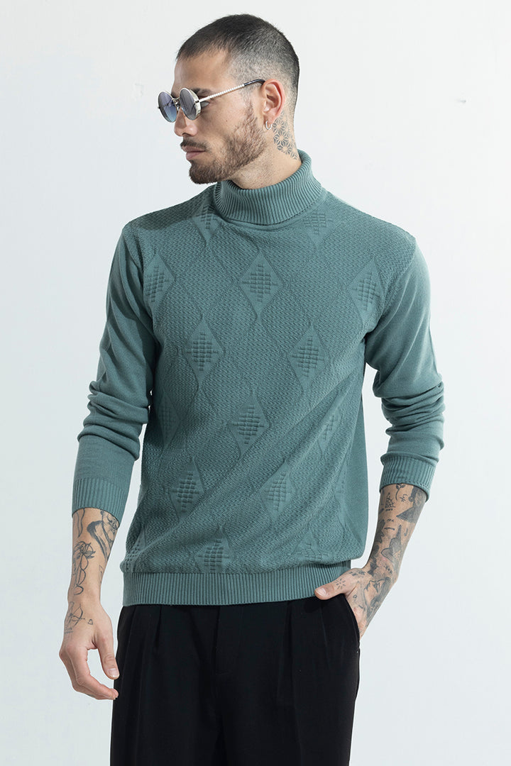 Rhomboid Teal Green Turtle Neck Sweater