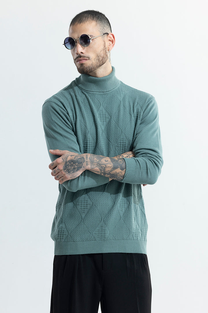 Rhomboid Teal Green Turtle Neck Sweater