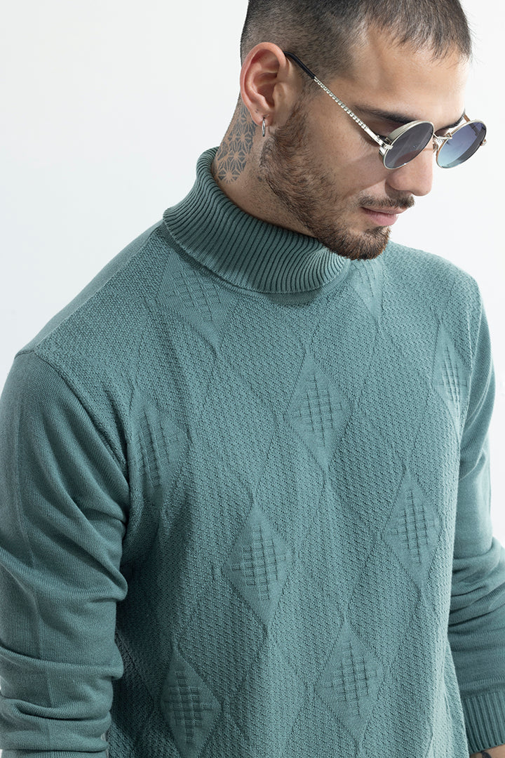 Rhomboid Teal Green Turtle Neck Sweater