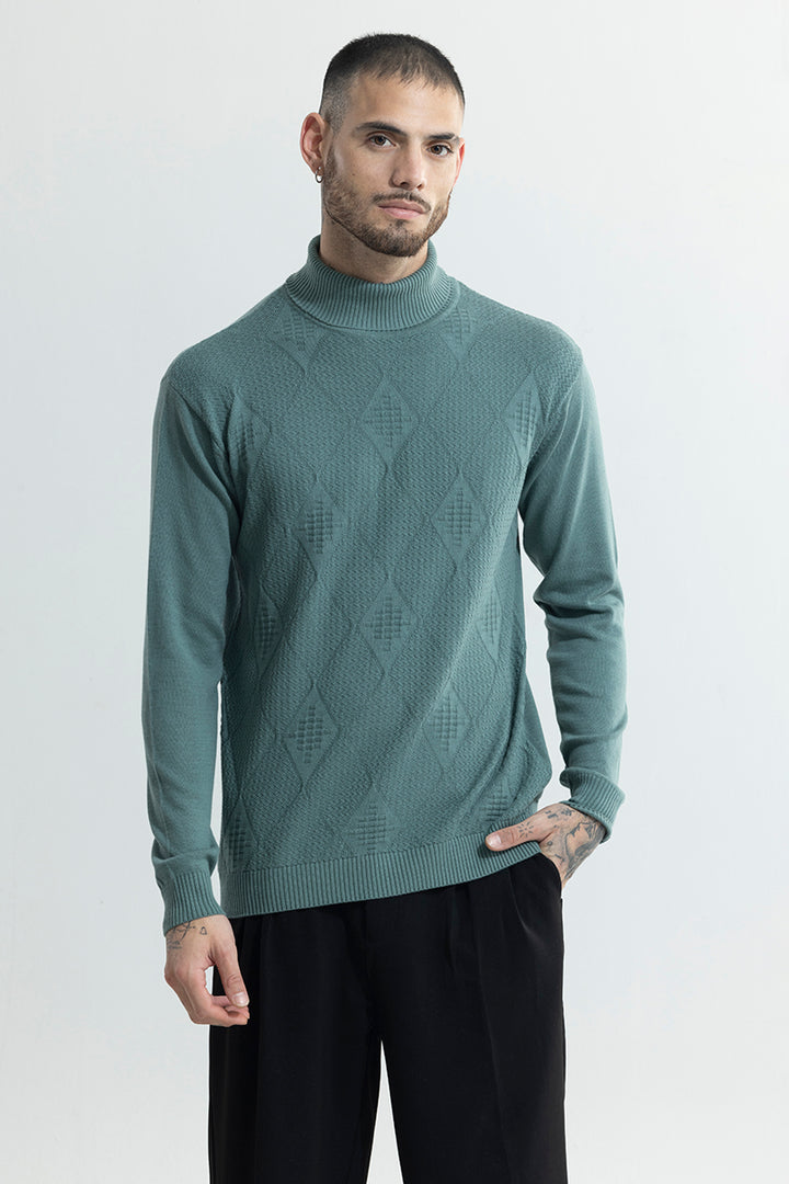 Rhomboid Teal Green Turtle Neck Sweater