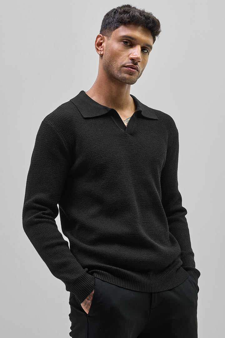 Black Knitted Polo Sweater