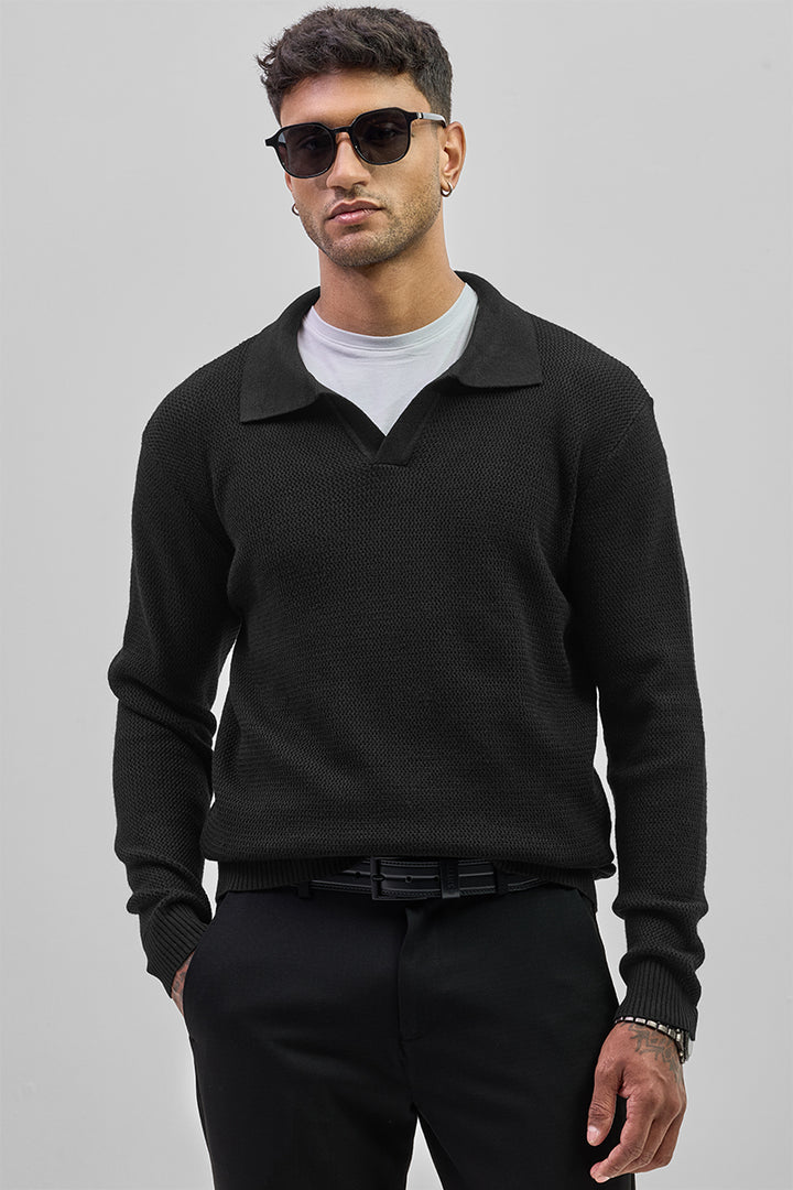 Black Knitted Polo Sweater