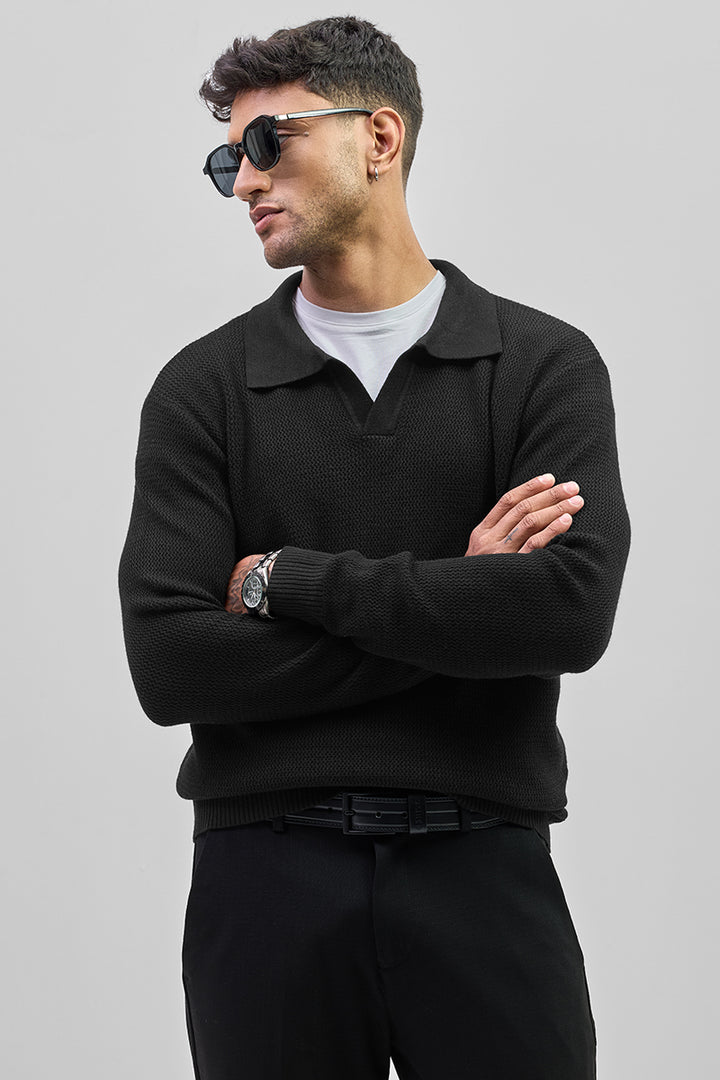 Black Knitted Polo Sweater