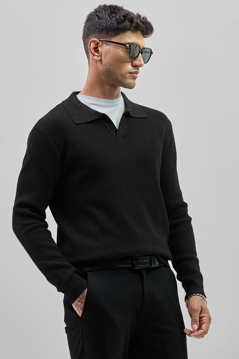 Black Knitted Polo Sweater