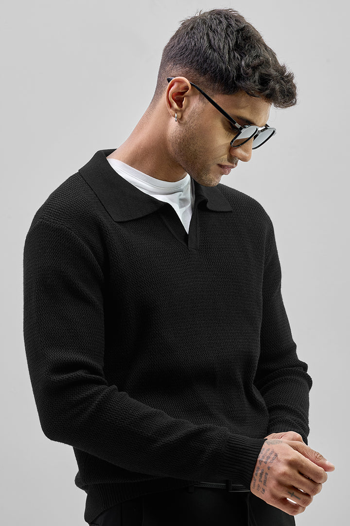 Black Knitted Polo Sweater