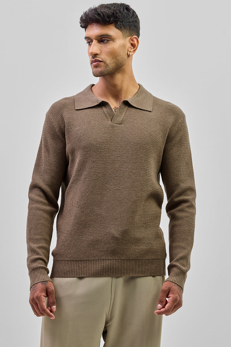 Brown Knitted Polo Sweater