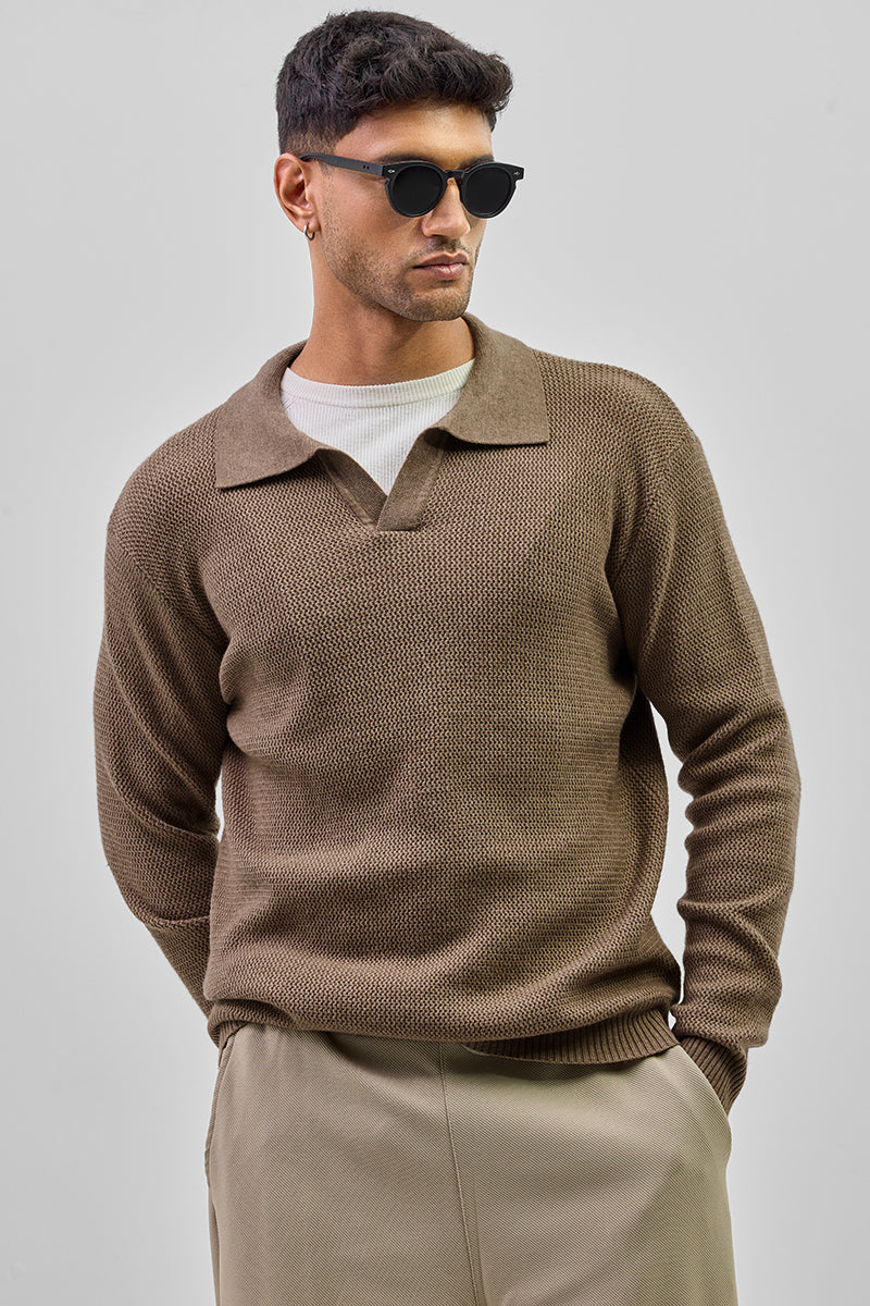 Brown Knitted Polo Sweater