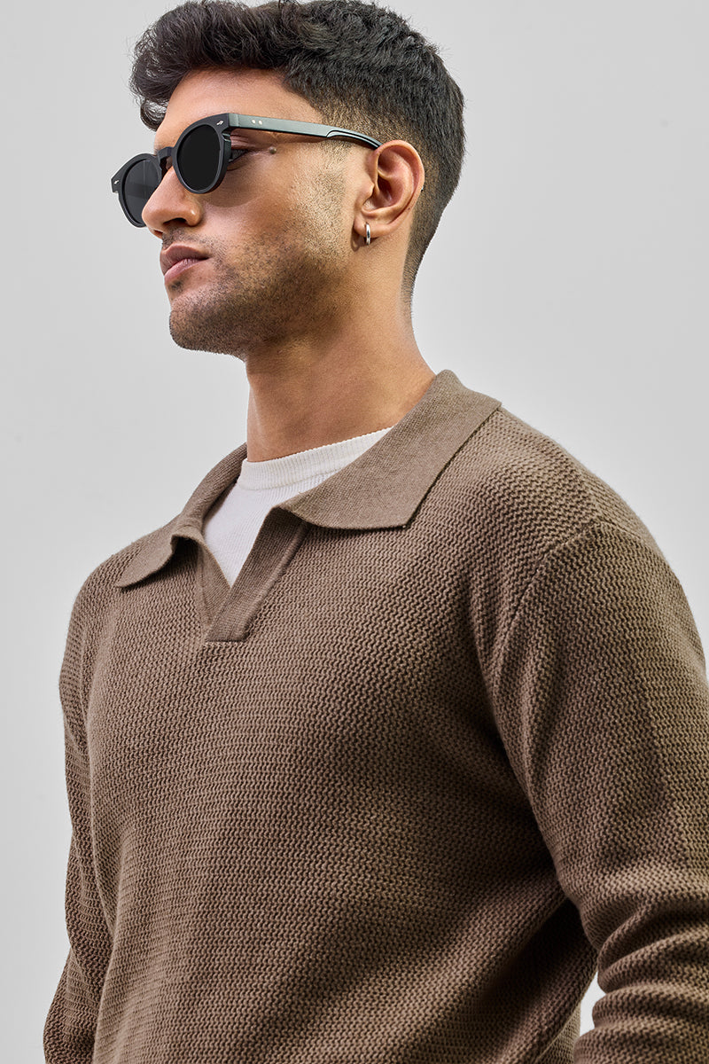 Brown Knitted Polo Sweater