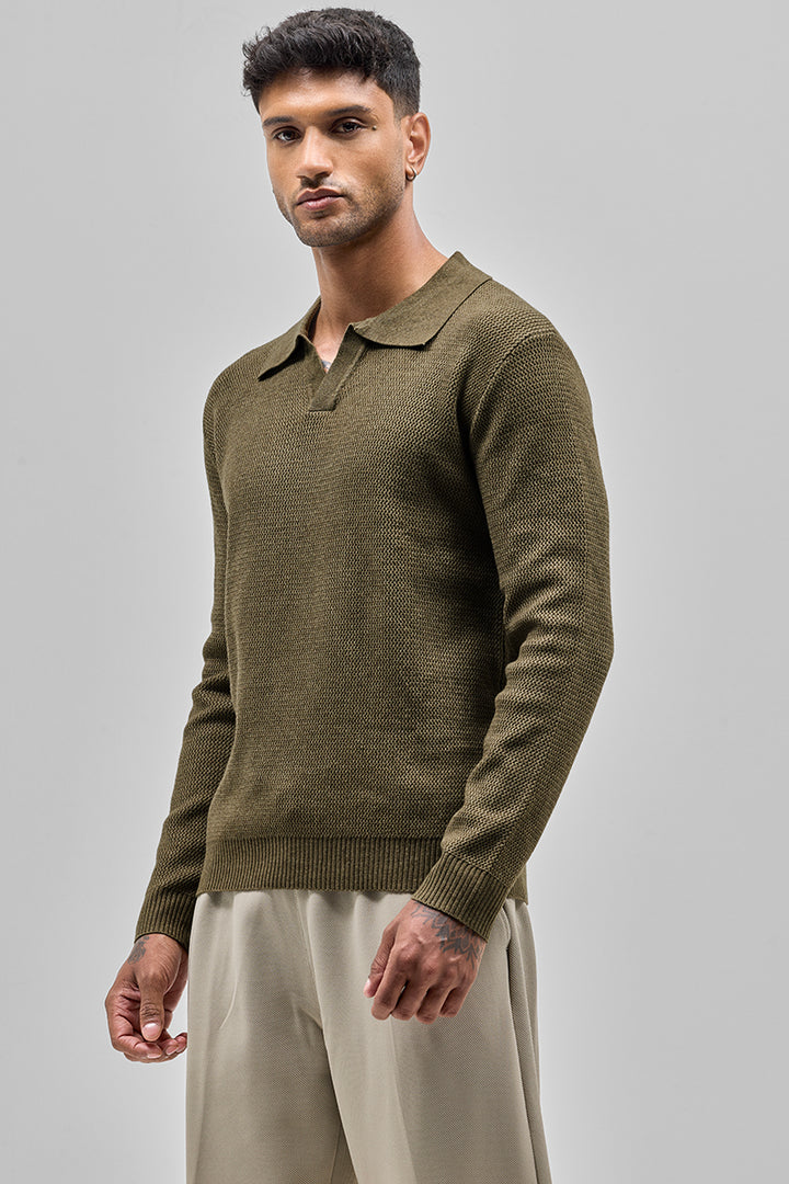 Olive Knitted Polo Sweater