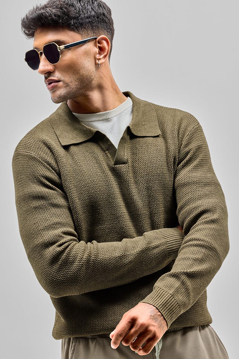 Olive Knitted Polo Sweater