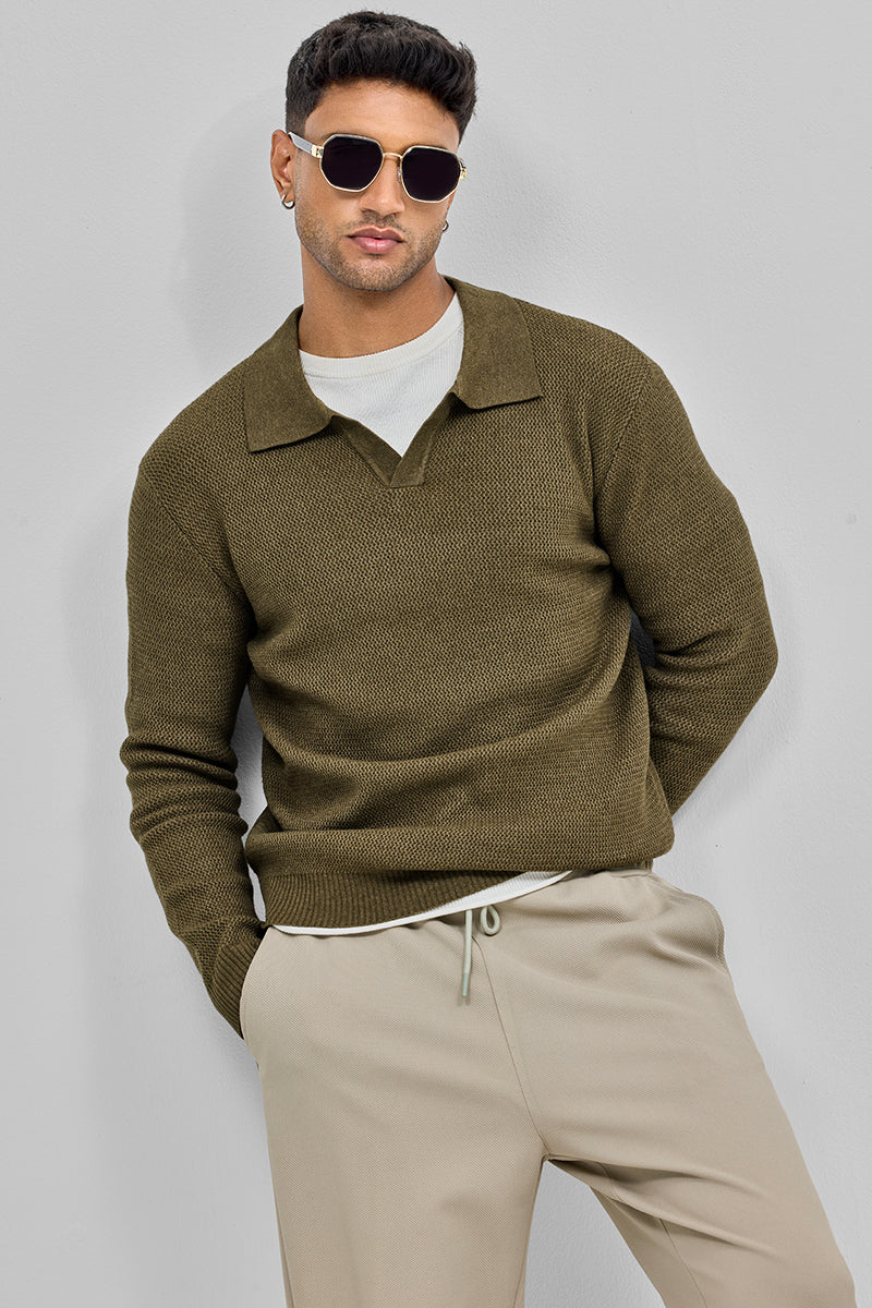 Olive Knitted Polo Sweater