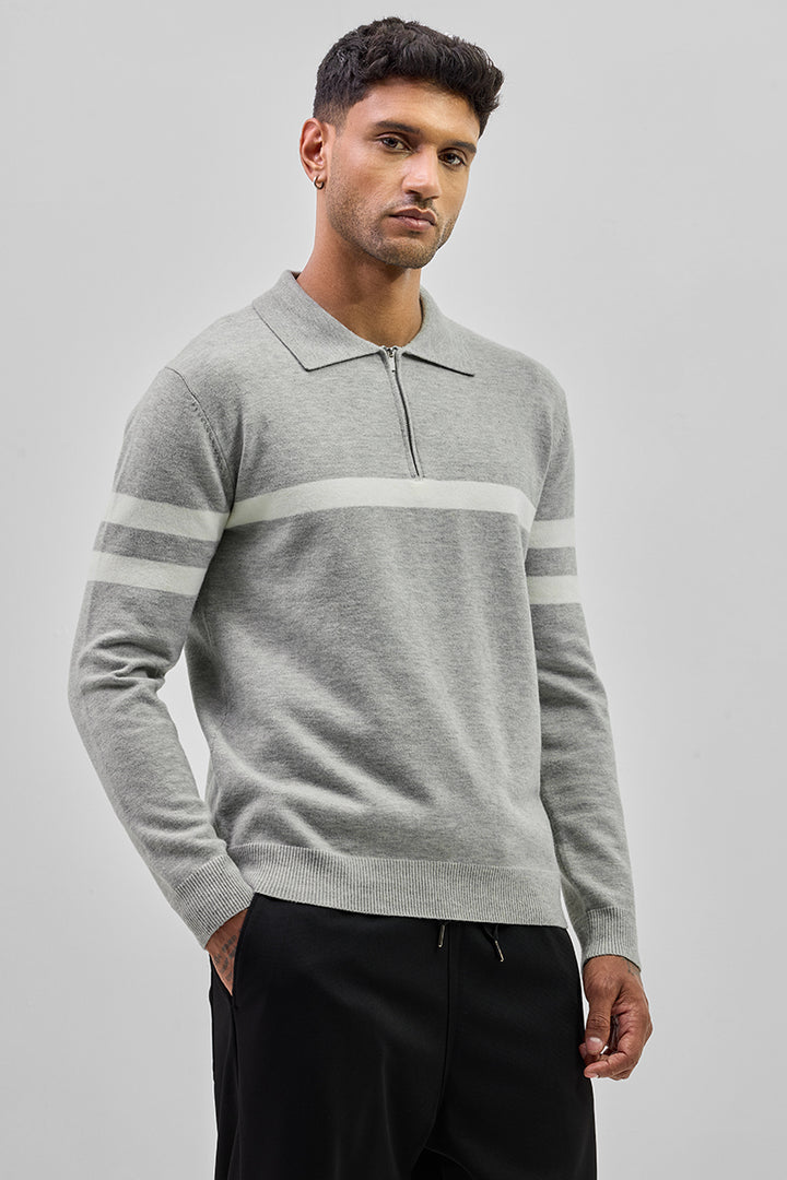 Grey Stripes Polo Sweater