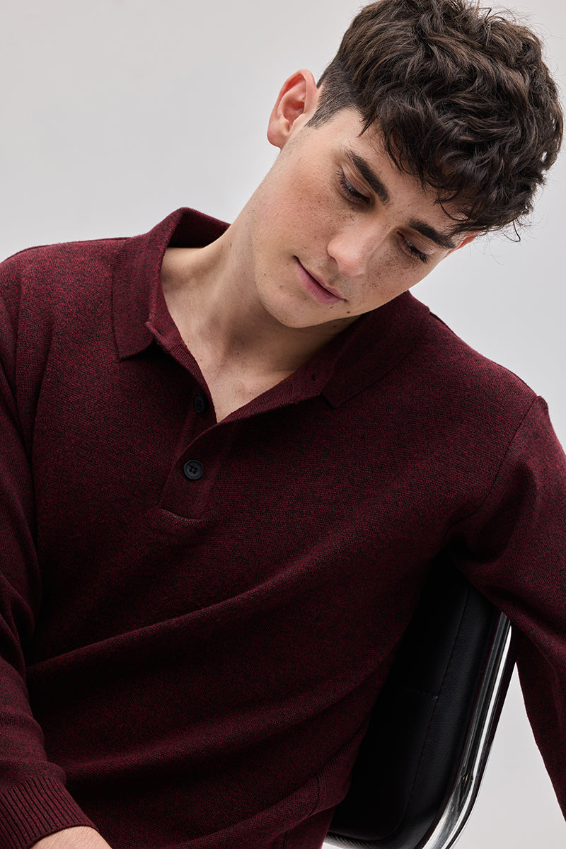 Maroon Knitted Polo Sweater