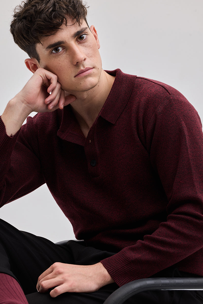 Maroon Knitted Polo Sweater