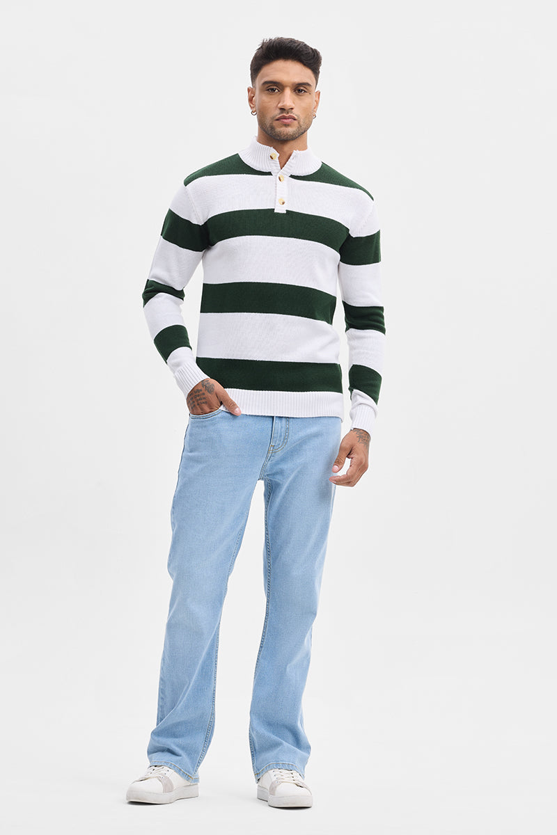 Dark Green High Neck Stripes Sweater