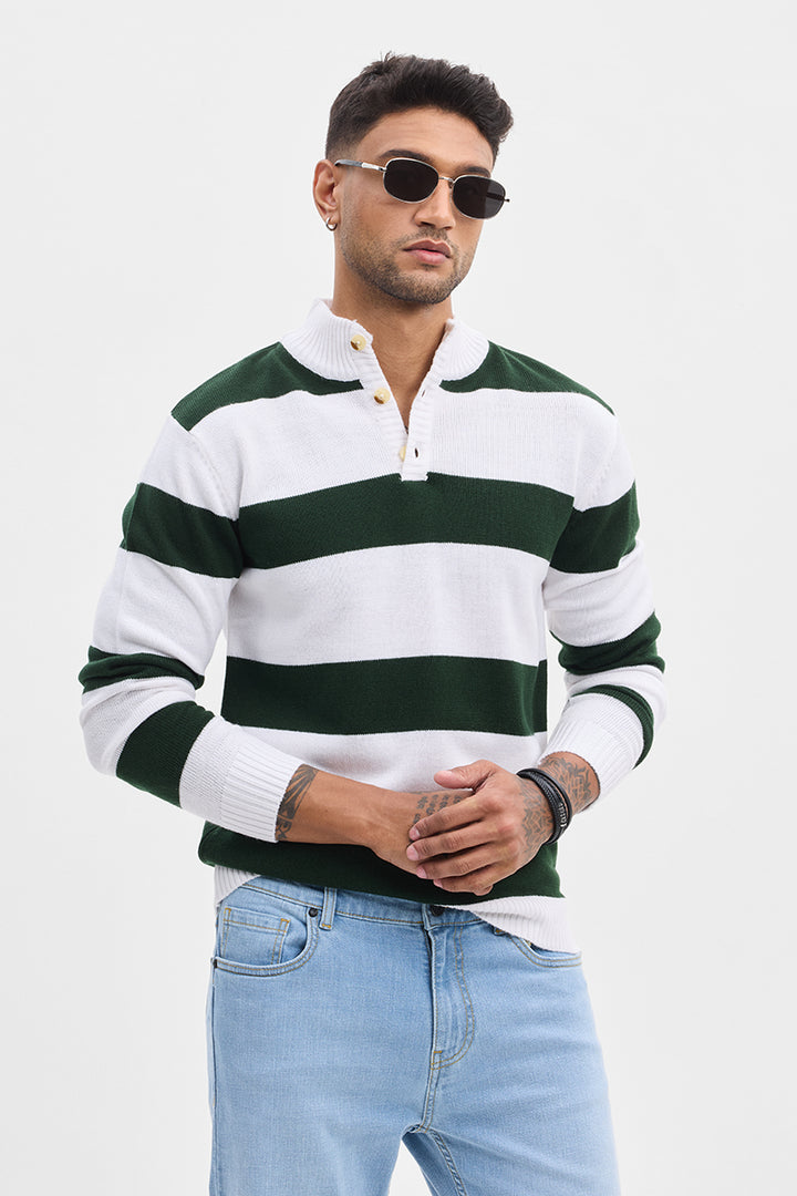 Dark Green High Neck Stripes Sweater