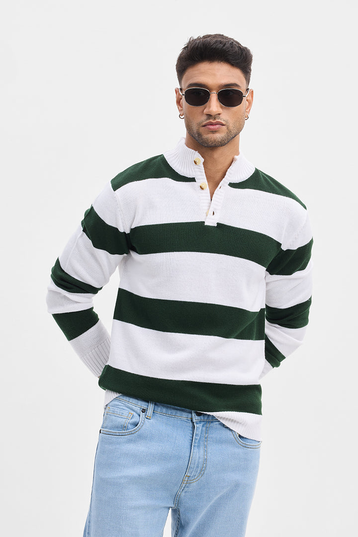 Dark Green High Neck Stripes Sweater