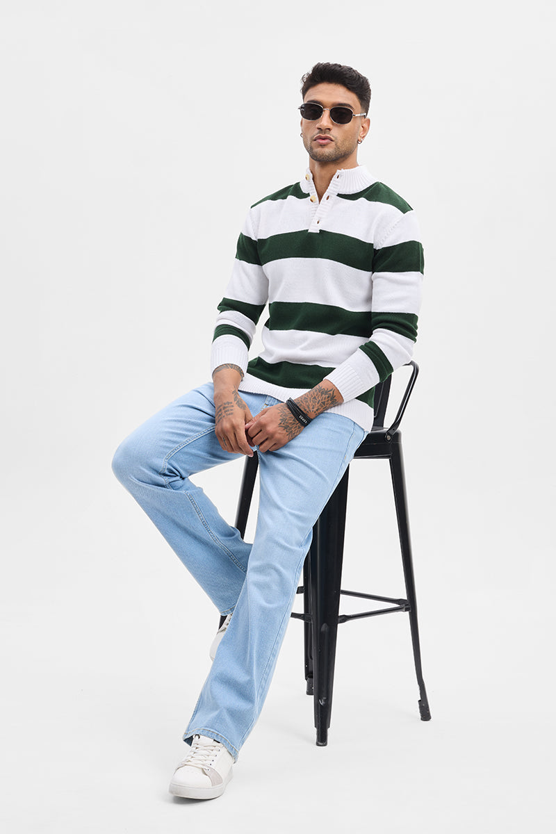 Dark Green High Neck Stripes Sweater