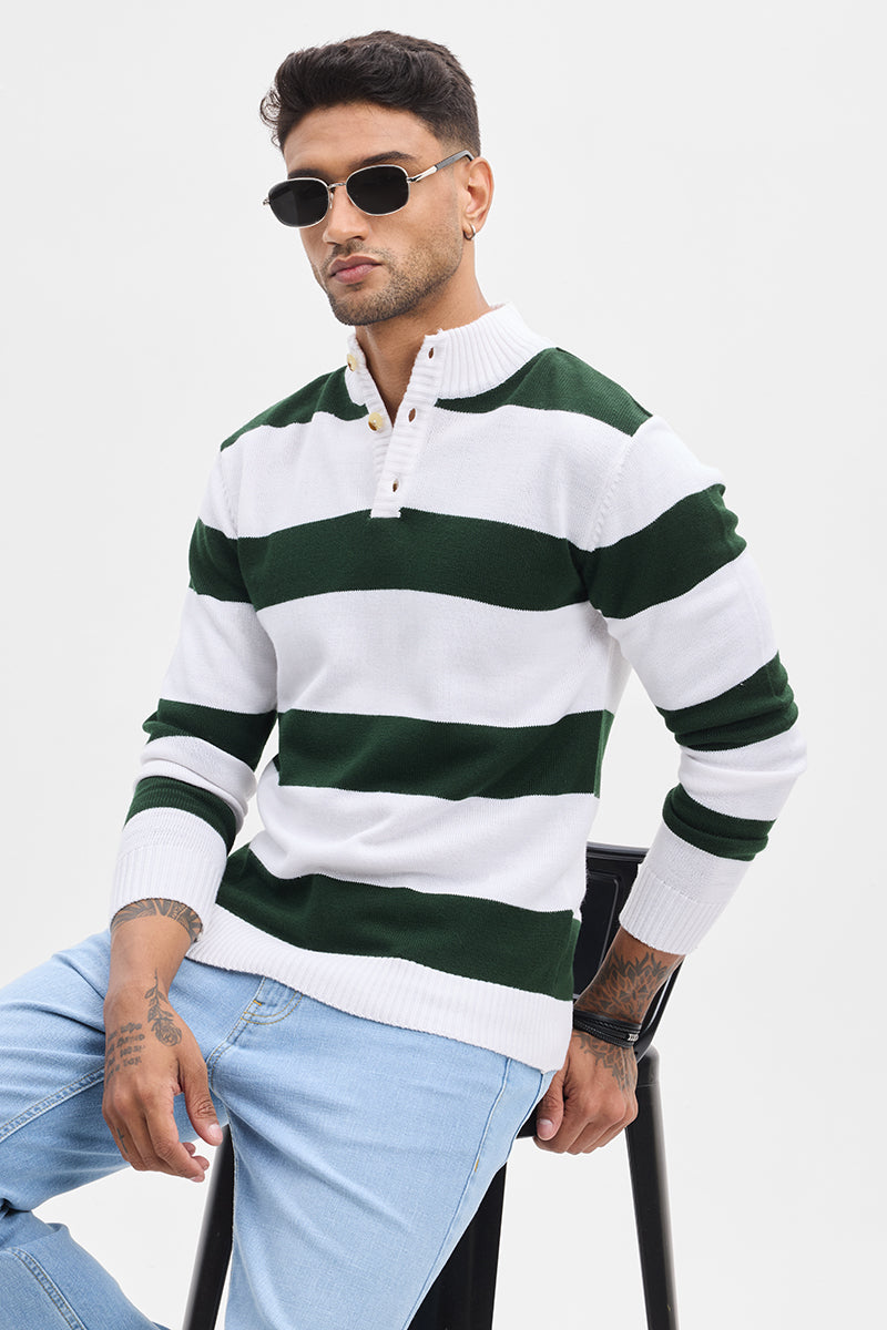 Dark Green High Neck Stripes Sweater