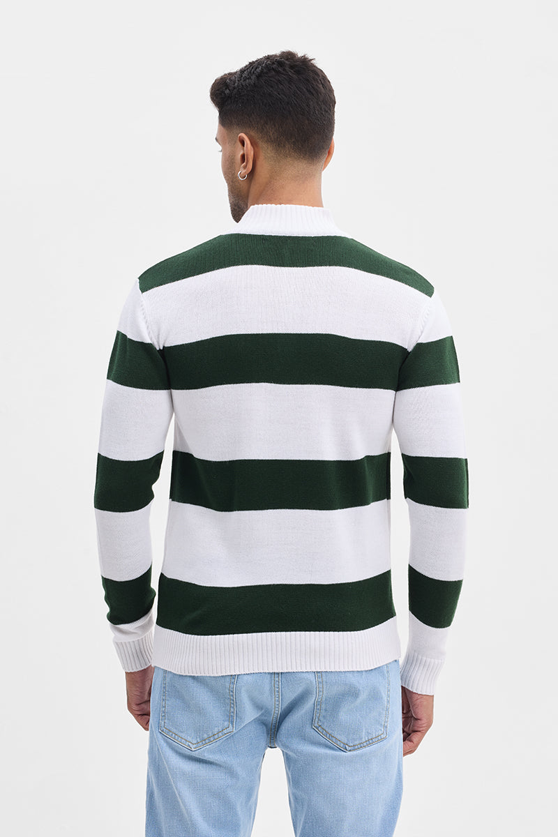 Dark Green High Neck Stripes Sweater