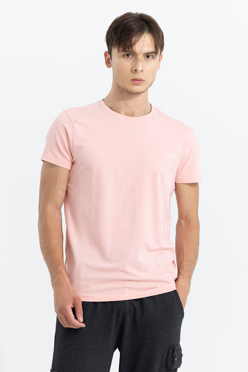 Light Pink Solid 4 Way Stretch Crew Neck T-Shirt