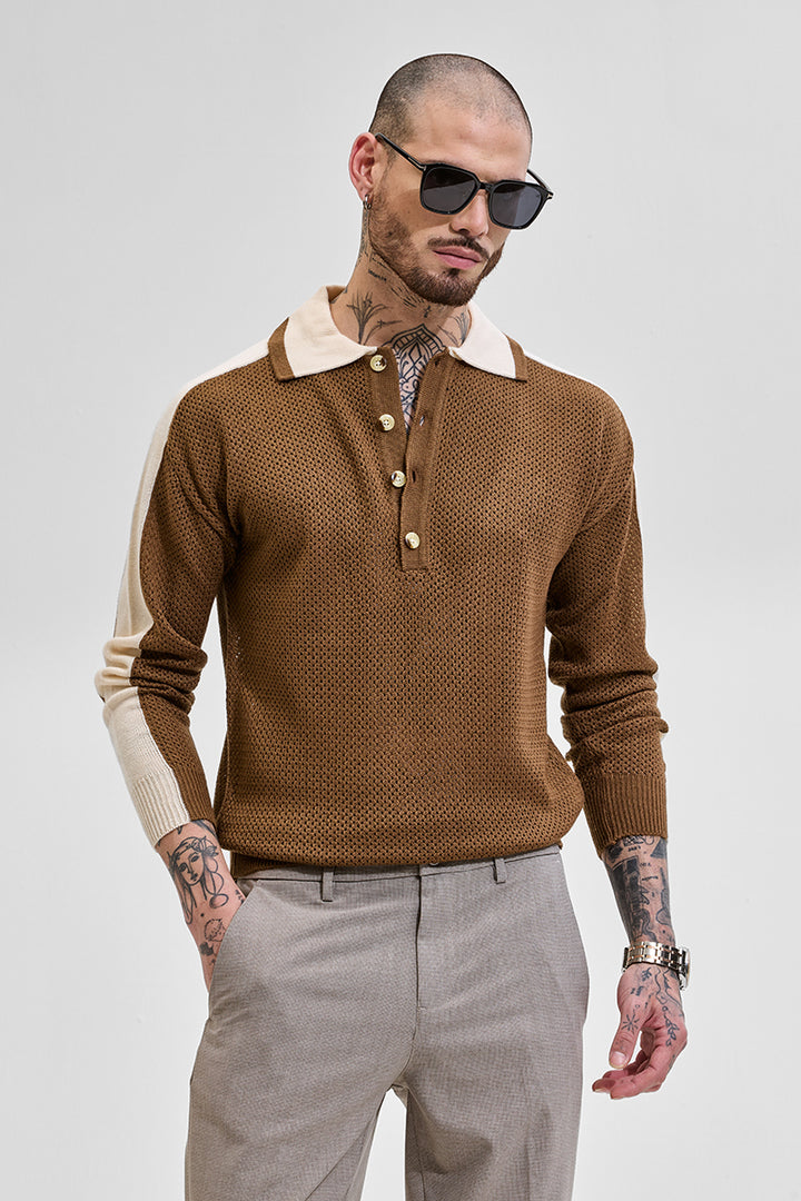 Brown Colourblocked Knitted Polo T-Shirt