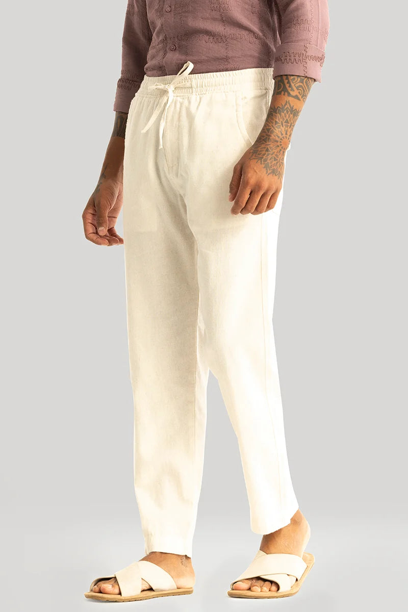 Vincenzo Cream Plain Linen Slim Fit Trouser