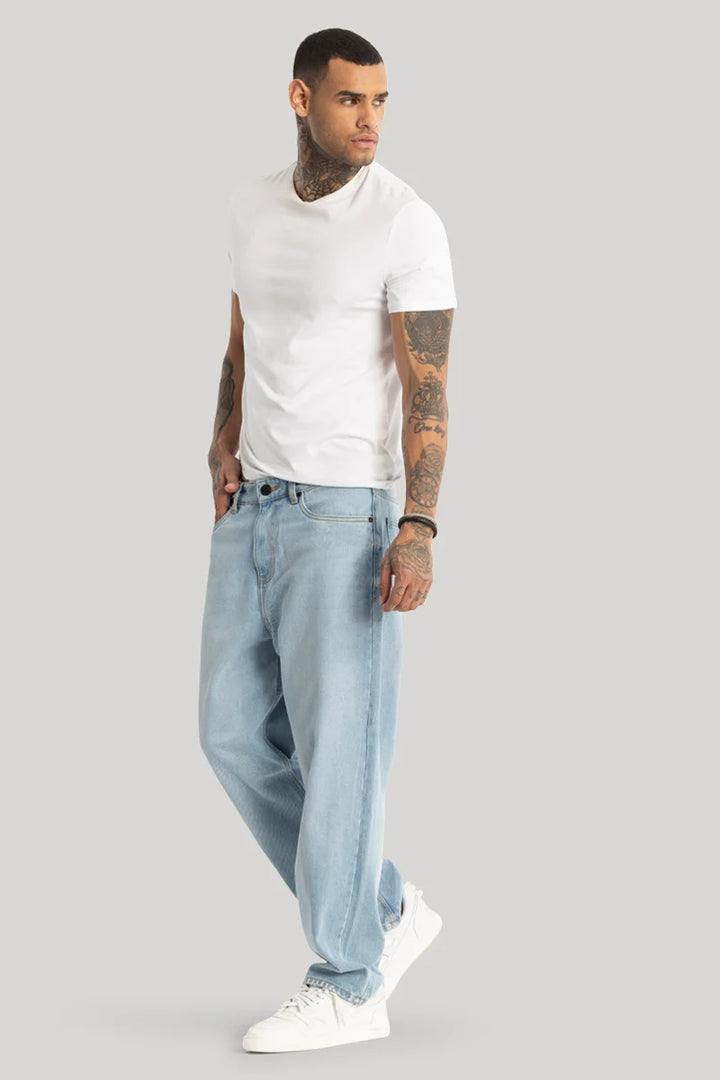 Light Blue Plain Loose Fit Jeans