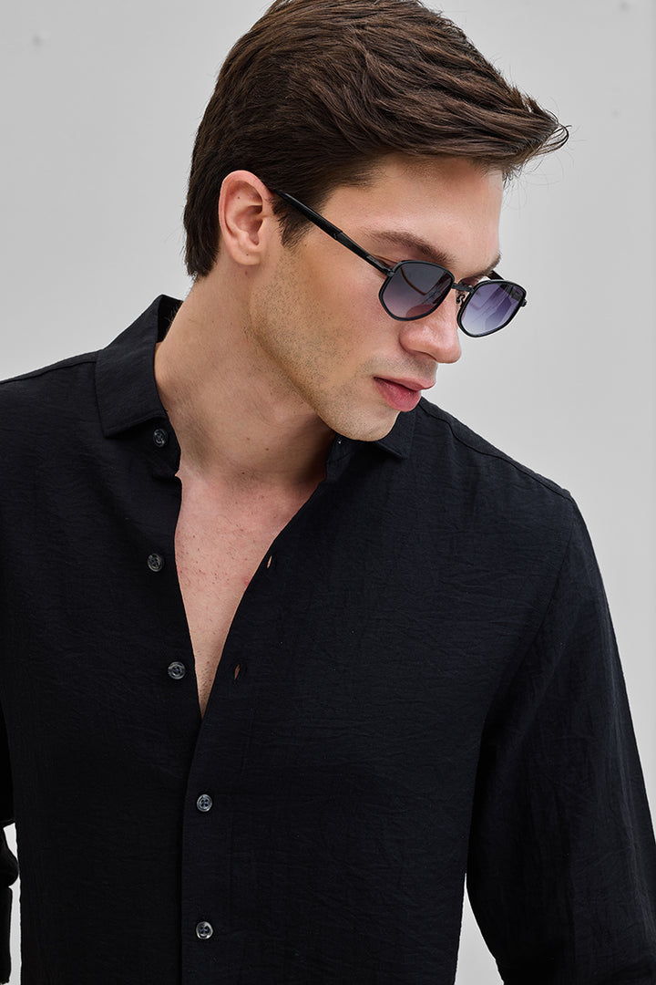 Black Textured Linen Blend Shirt