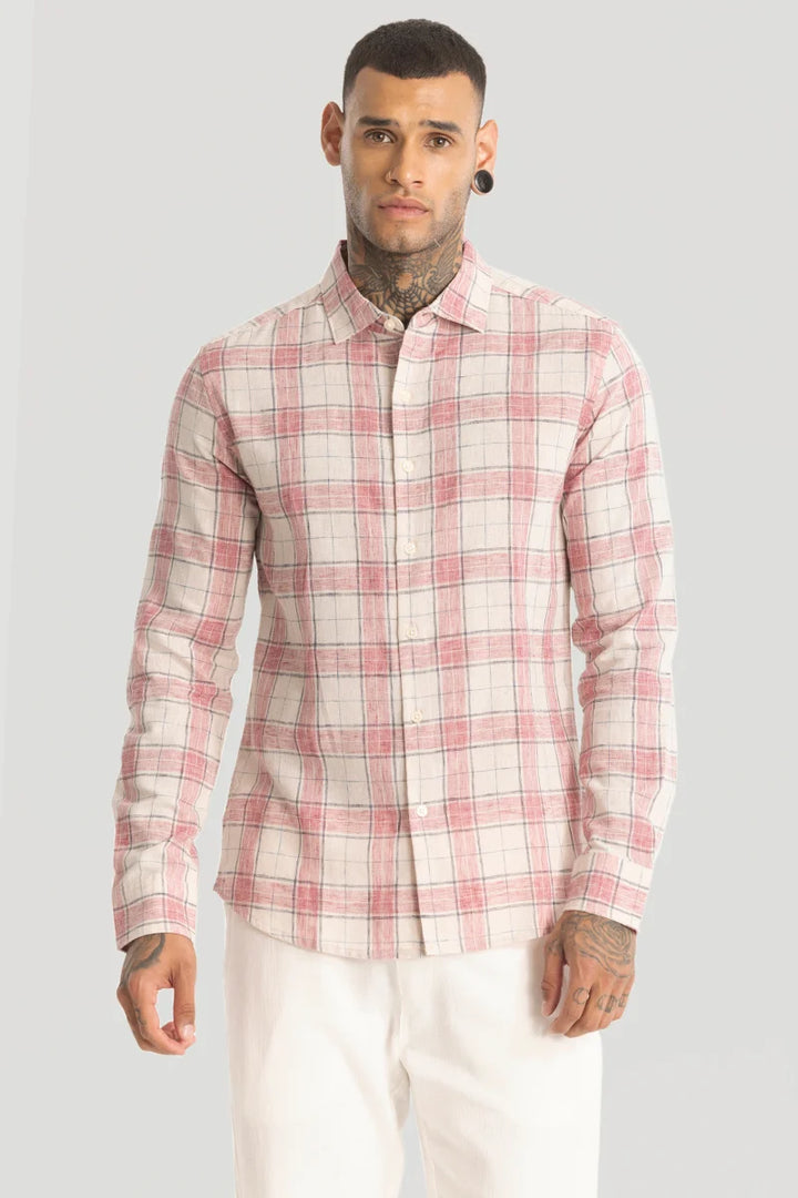 Red Linen Blend Checks Shirt